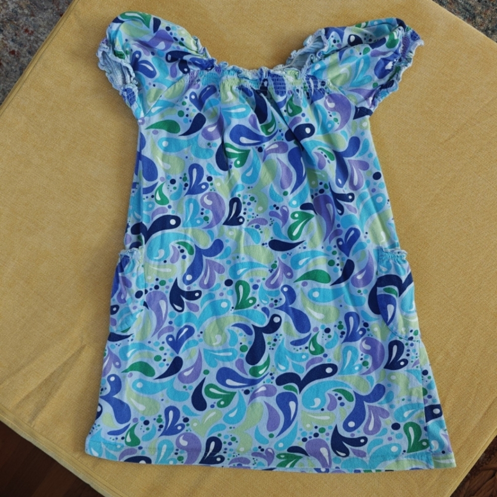 Hanna Andersson Off-Shoulder Tunic Dress - Blue, Purple, Green Swirl Print